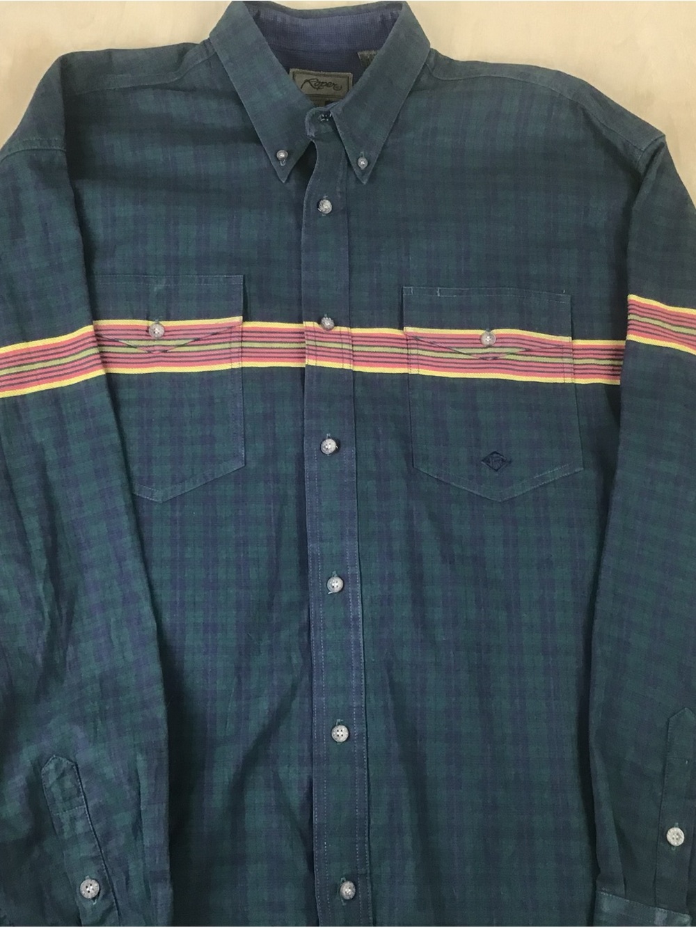 Roper Mens XL Button Down Blue Green Plaid Western Shirt